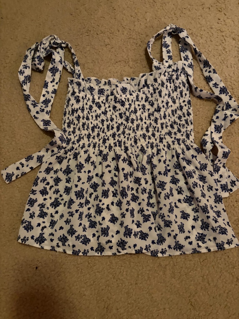 SHEIN White and Navy Floral Tie-Strap Smocked Camisole